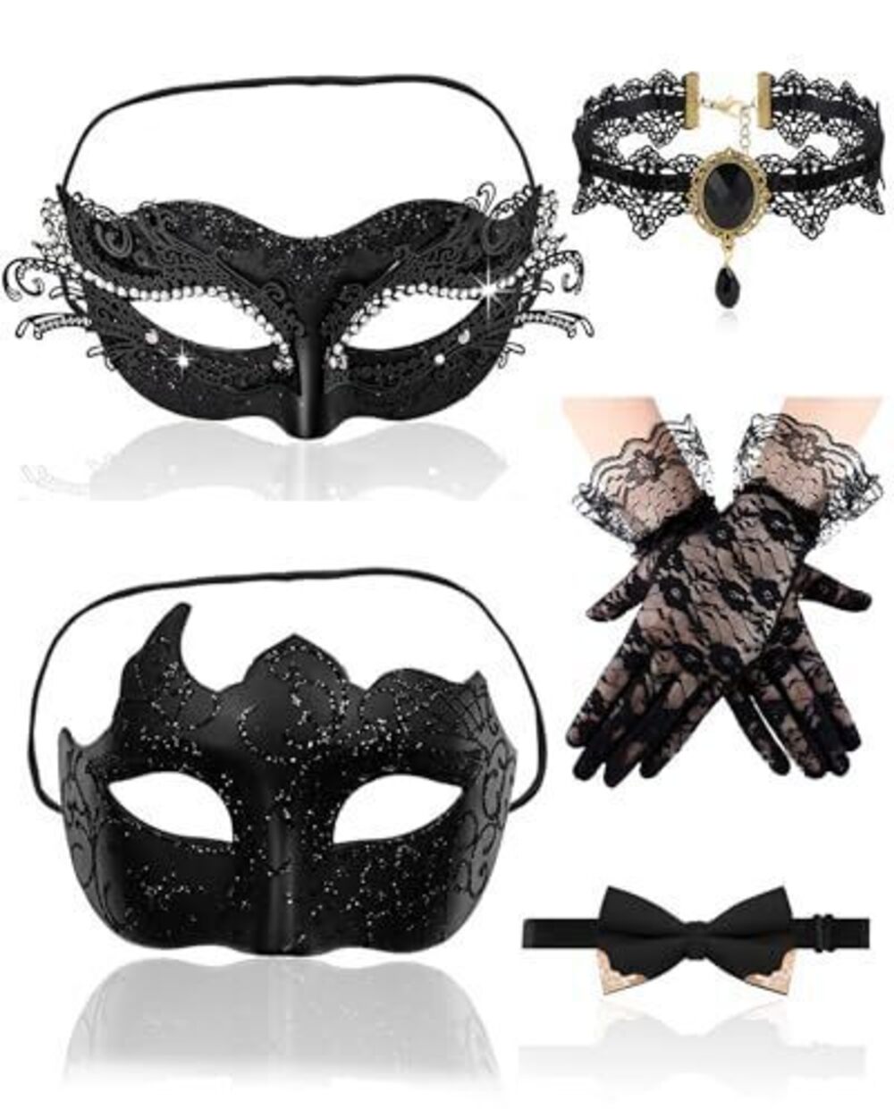 4386 Black Masquerade Masks 5 Pcs Venetian Lace Masquerade Mask Set